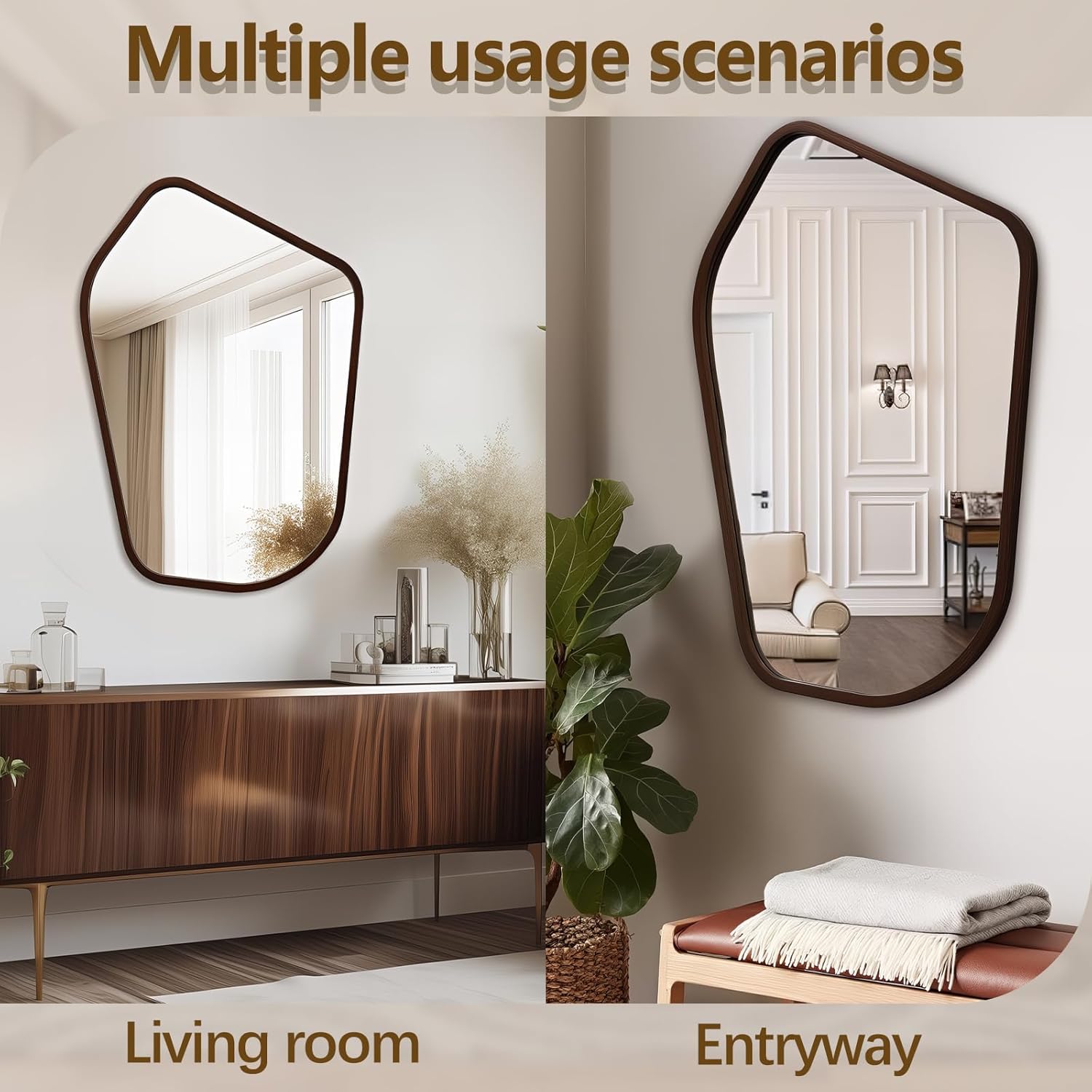 40"x28" Irregular Wall Mirror, Farmhouse Asymmetrical Mirror for Wall Decor, Wood Frame Bathroom Mirror for Living Room Bedroom Entryway Bathroom, Vertically, Walnut