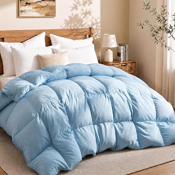 Peace nest Queen Size Goose Feather Fiber and Down Comforter Fluffy Duvet Insert All Season Hotel Luxury Bedding Comforters Soft Medium Warmth 88x88 Inches Blue