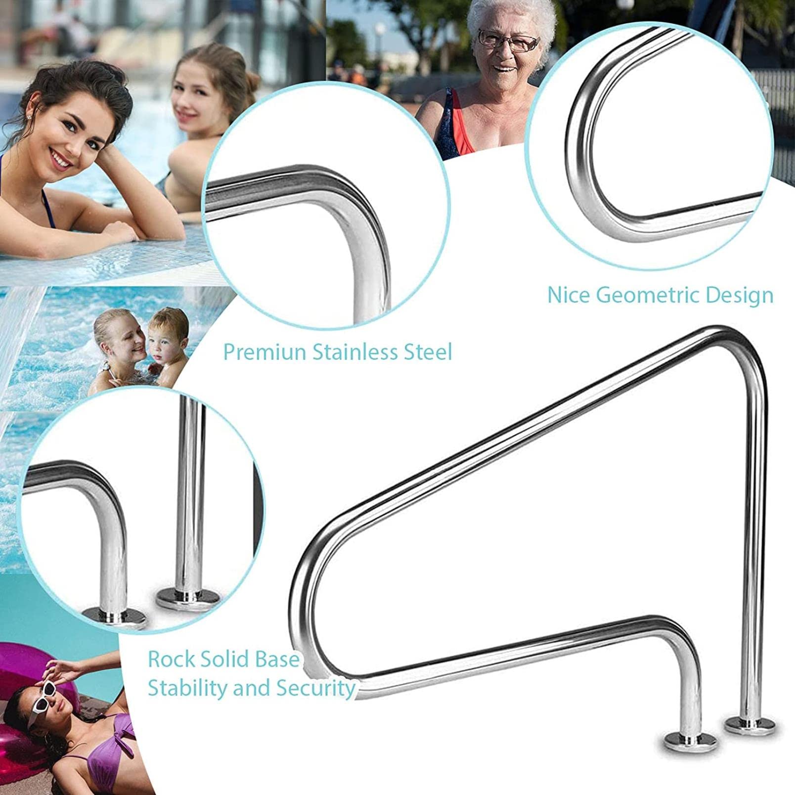 Barandilla de Seguridad para Piscinas, barandilla empotrada de Acero Inoxidable para escaleras en Piscinas enterradas, Capacidad de Carga de 150 kg, Asas de Seguridad para Acceso en pendient