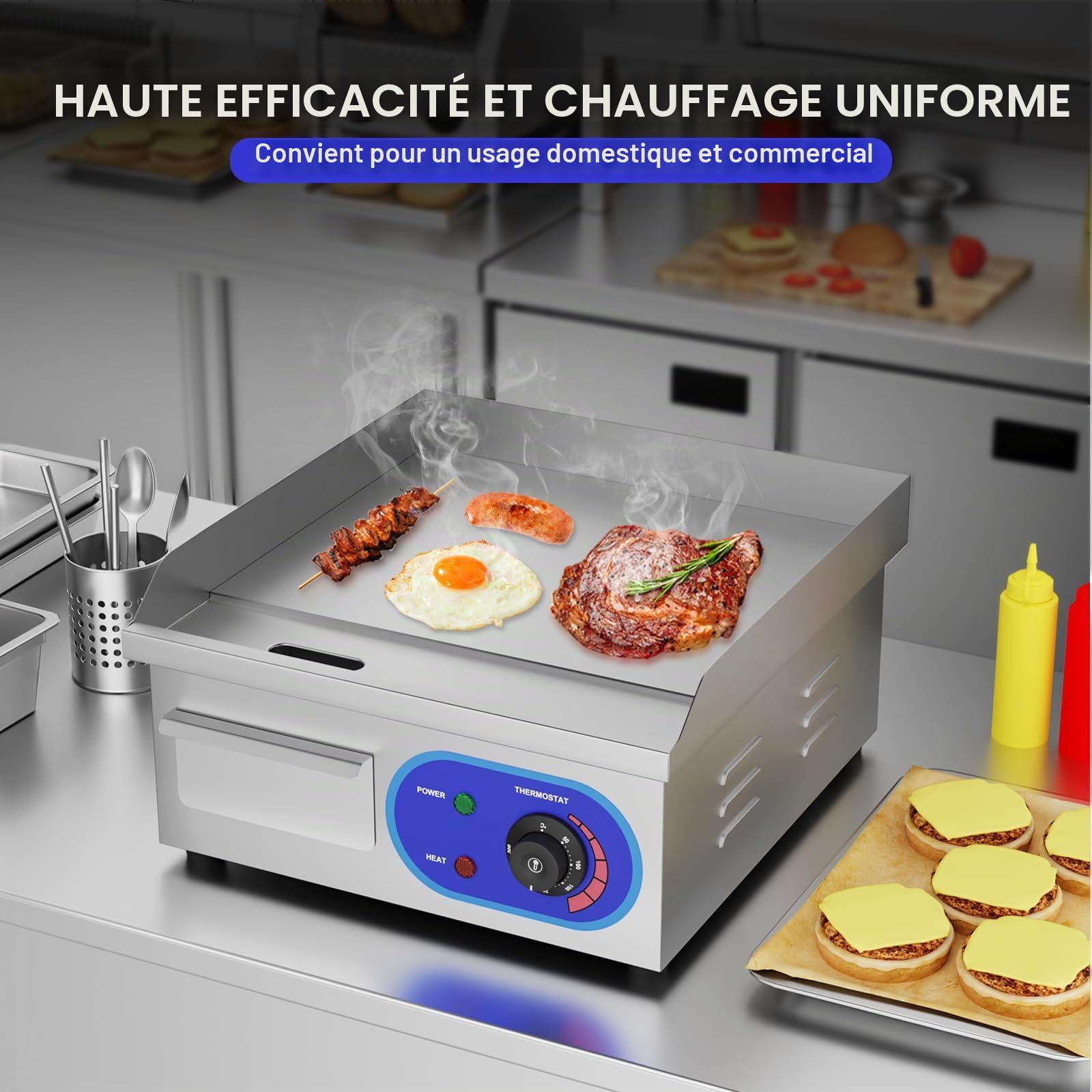 TAIMIKO 14" Plancha Électrique Inox Grill de Table Professionnelle 220-240V 1700W Plaque de gril en fer Surface plaque Lisse Anti-éclaboussures (35.5 x 30 cm)