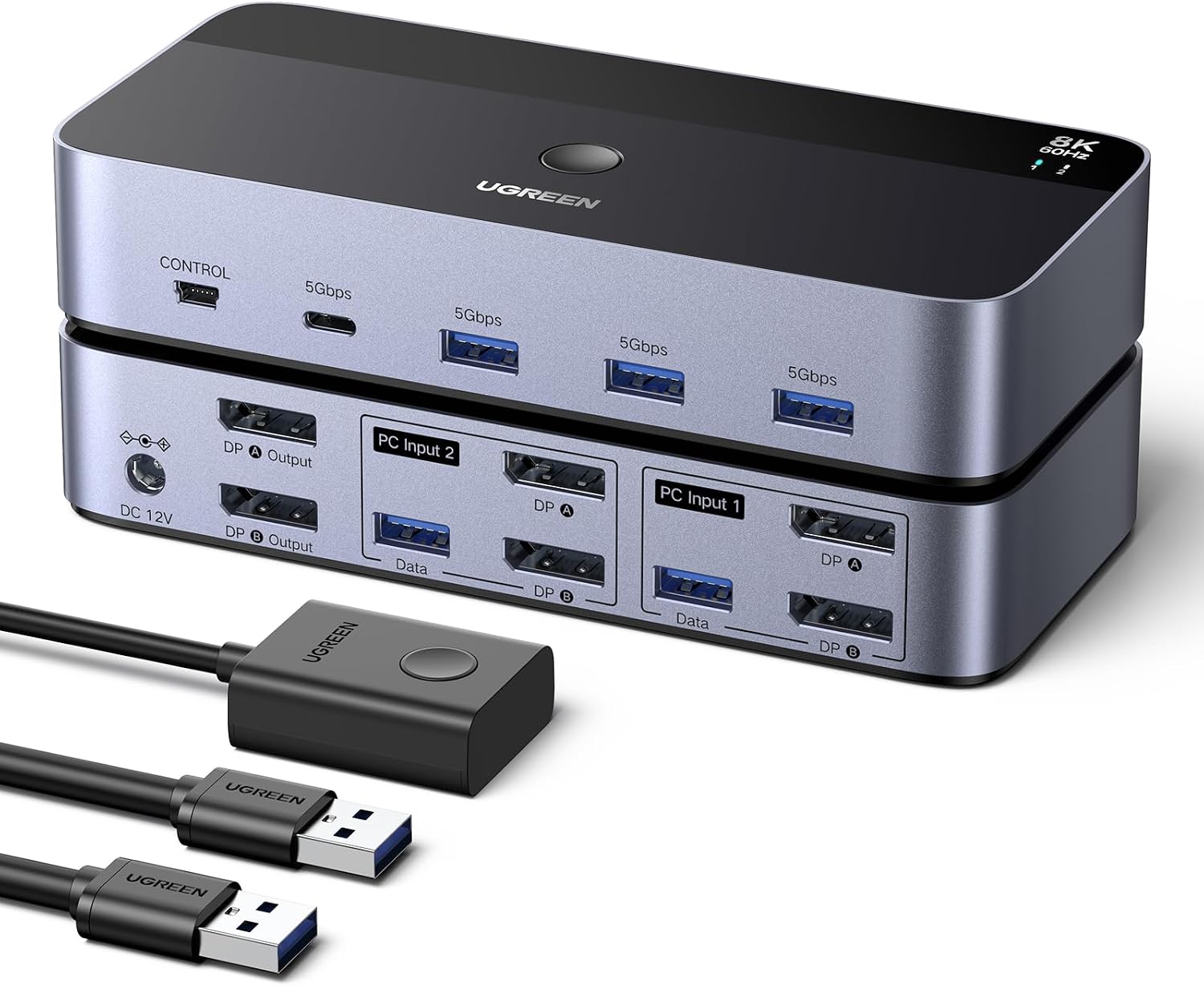 UGREEN DP KVM Switch 2 komputery 2 monitory, 8K60Hz, z 4 portami USB 3.0 | Przełącznik KVM WYŁĄCZNIE z portem DP; rozdzielczość do 8K60Hz i 4K240Hz; 4 porty USB 3.0 dla klawiatury myszy i pamięci USB