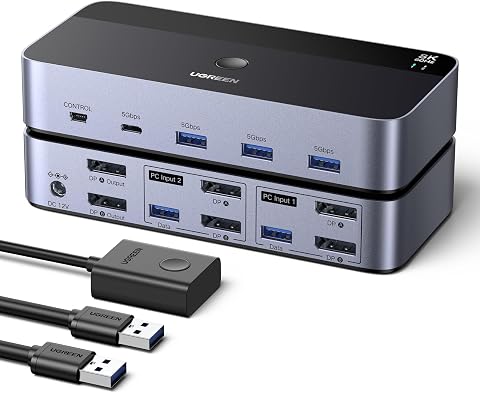 UGREEN Displayport KVM Switch 2 PC 2 Monitore 8K60Hz mit 4 USB 3.0 Ports | KVM Umschalter NUR mit DP-Anschluss Bis zu 8K60Hz 4K240Hz 4 USB Ports für Tastatur, Maus, U-Disk Kompatibel mit Windows/Linux