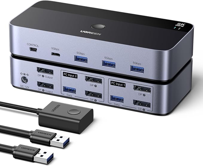 UGREEN Displayport KVM Switch 2 PC 2 Monitory 8K60Hz Przełącznik KVM z 4 portami USB 3.0 Przełączanie klawiatury i kontrolera pulpitu Kompatybilny z Windows/Linux/MacOS itp.