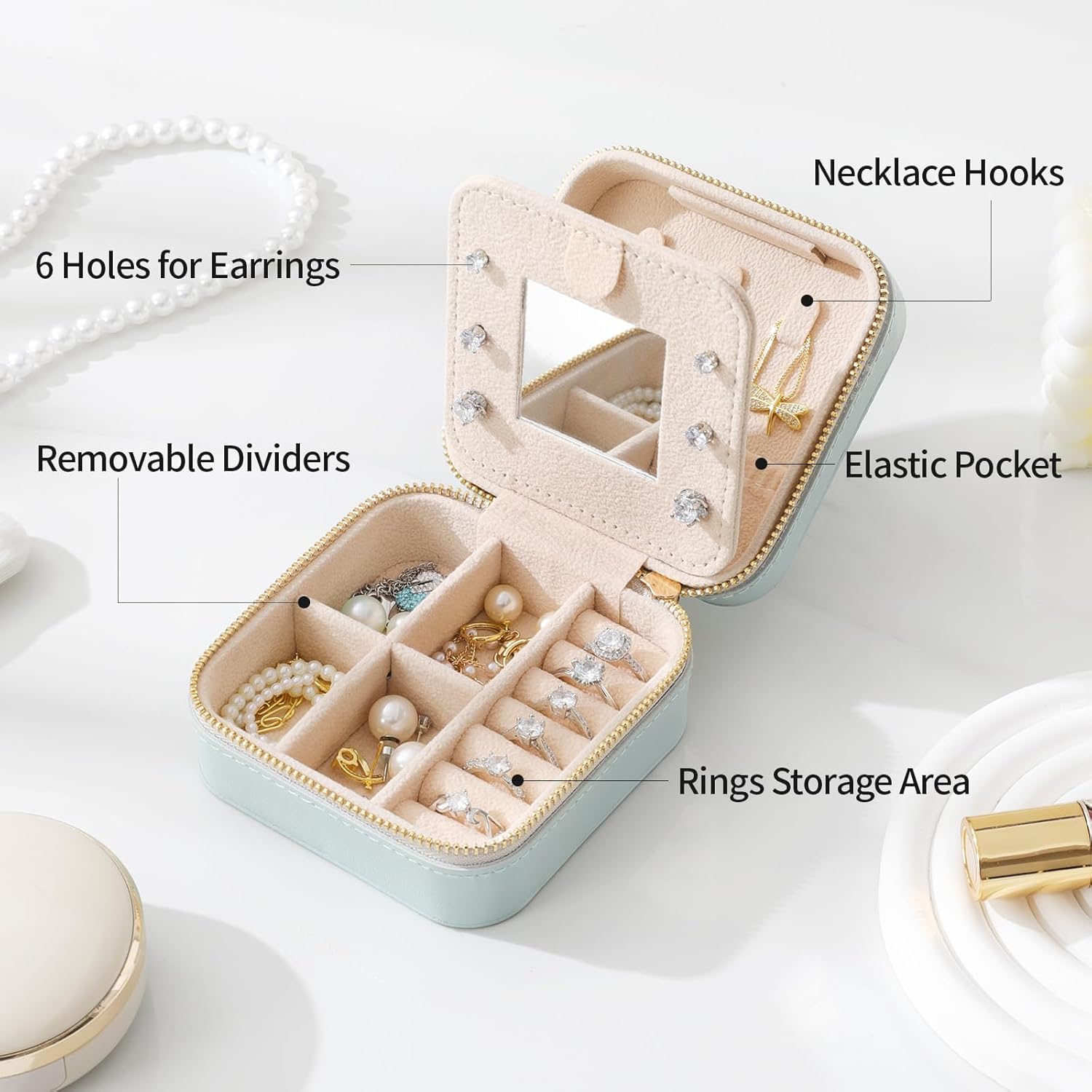 Genuine Leather Travel Jewelry Case Organizer with Mirror for Women, Small Jewelry Box Portable Mini Jewelry Case for Earring, Ring, Necklace, Bracelet（Lychee Grain Blue）