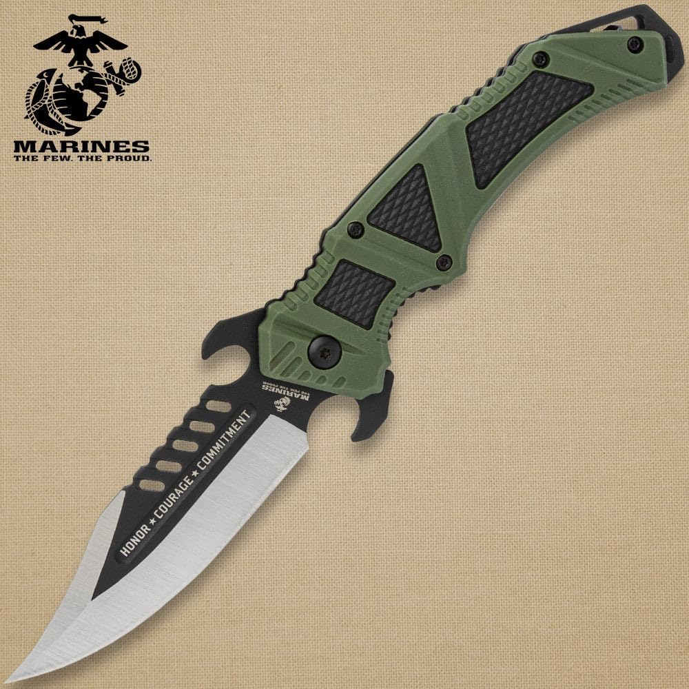 United Cutlery USMC Desert Ops Pocket Knife | 4" Blade | 9" Overall | TPR and TPU Handle | Pocket Clip (Olive Drab)