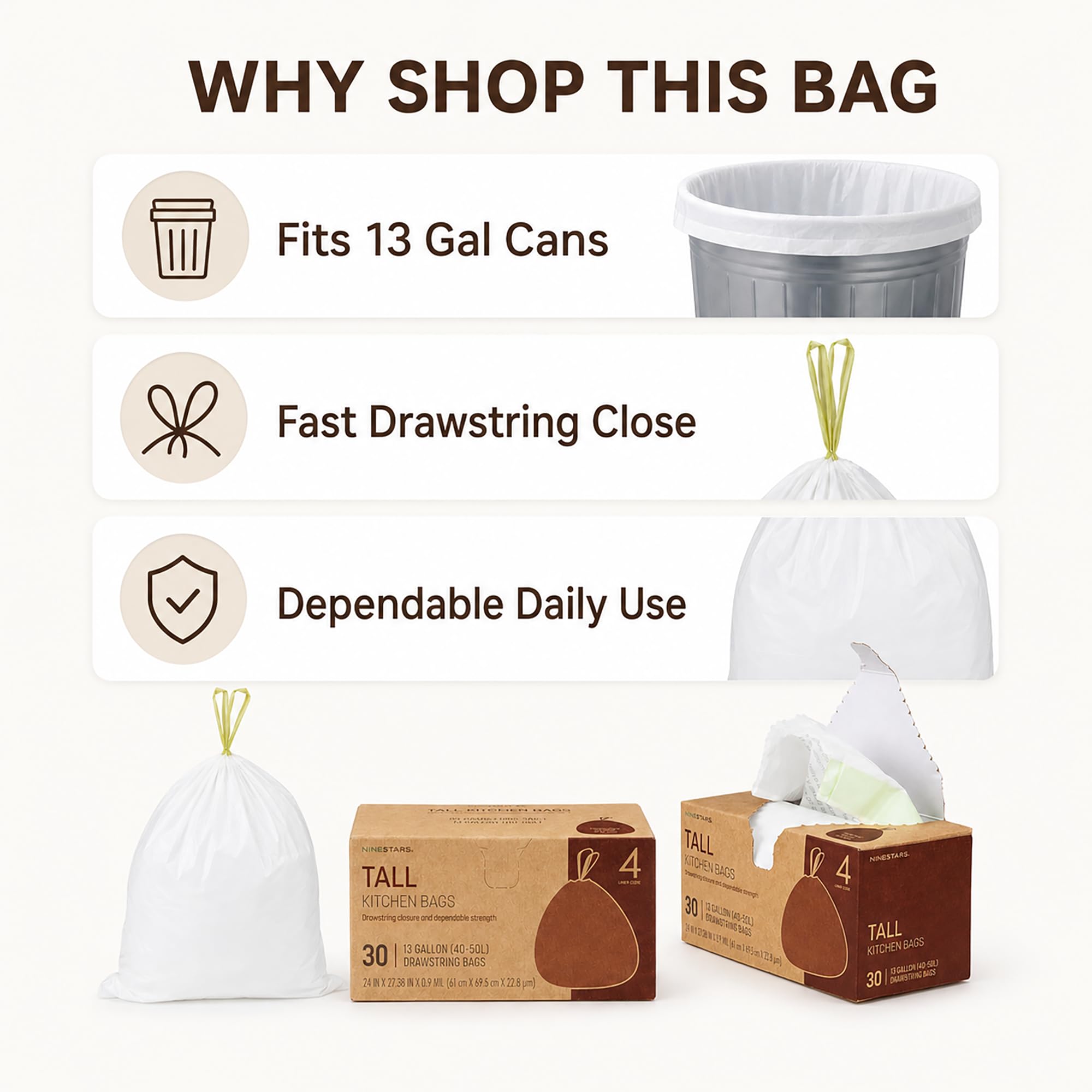 Bolsas de basura de 30 unidades, bolsas de basura blancas con cordón, resistentes a fugas, resistentes al desgarro, sin perfume, para baño, oficina, dormitorio (24.6 x 27.3 pulgadas)