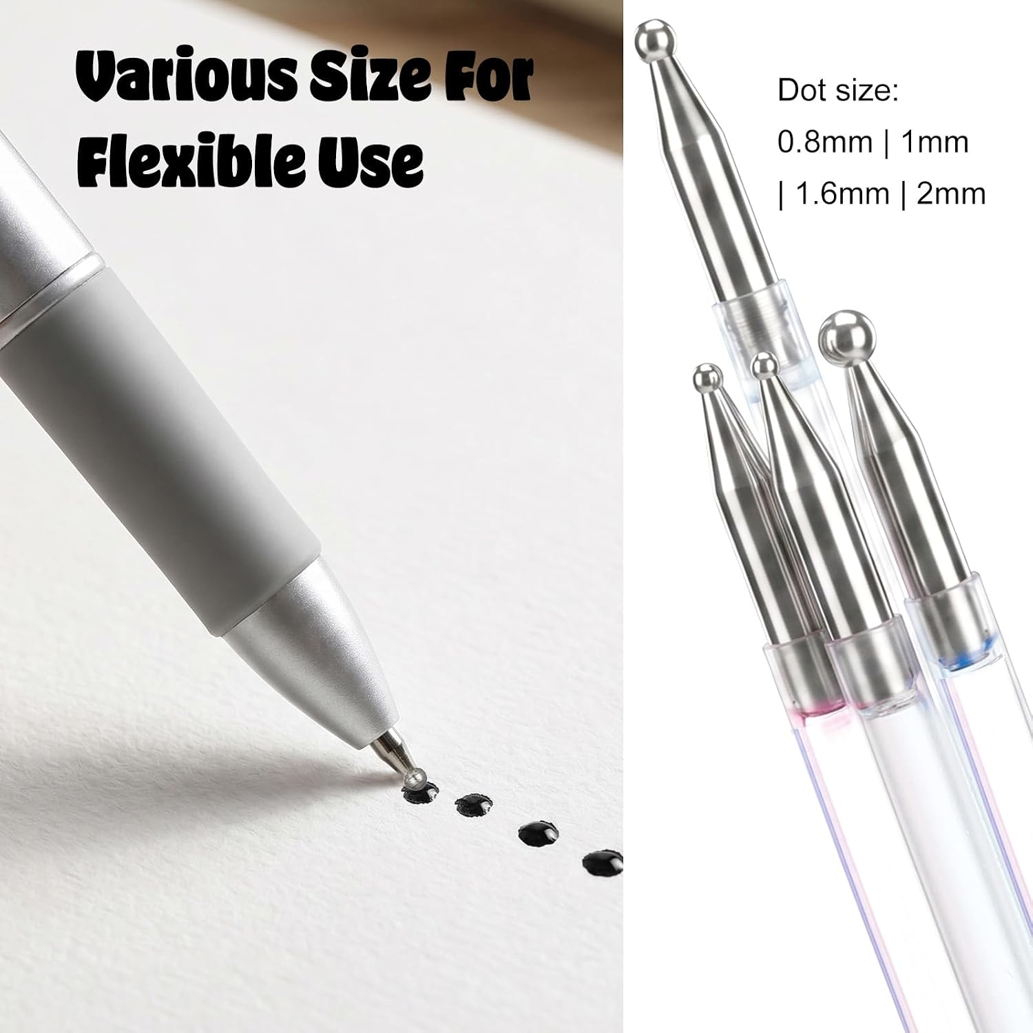 4-in-1 Nail Dotting Pen with Ballpoint Design, 3 PCS Silver Manicure Art Tool with 4 Size Markings and Pressing Head, Professional Nail Art Tool for Painting, Sculpting, Rhinestones DIY and Salon