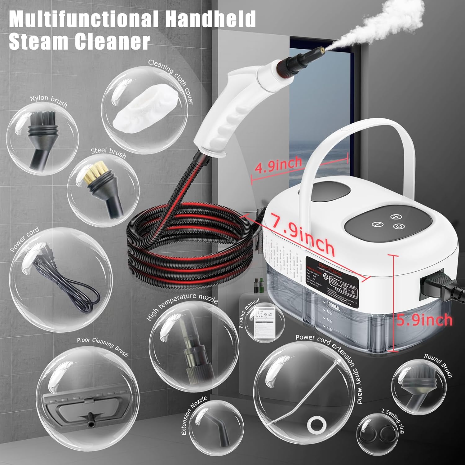 Handheld Steam Cleaner with Touch Screen, Portable Steamer for Cleaning, Hand Held Steamer Cleaner, Pressurized Hand Steam Cleaner for Home Car Detailing Walls Grout Couch Tile Carpet, White