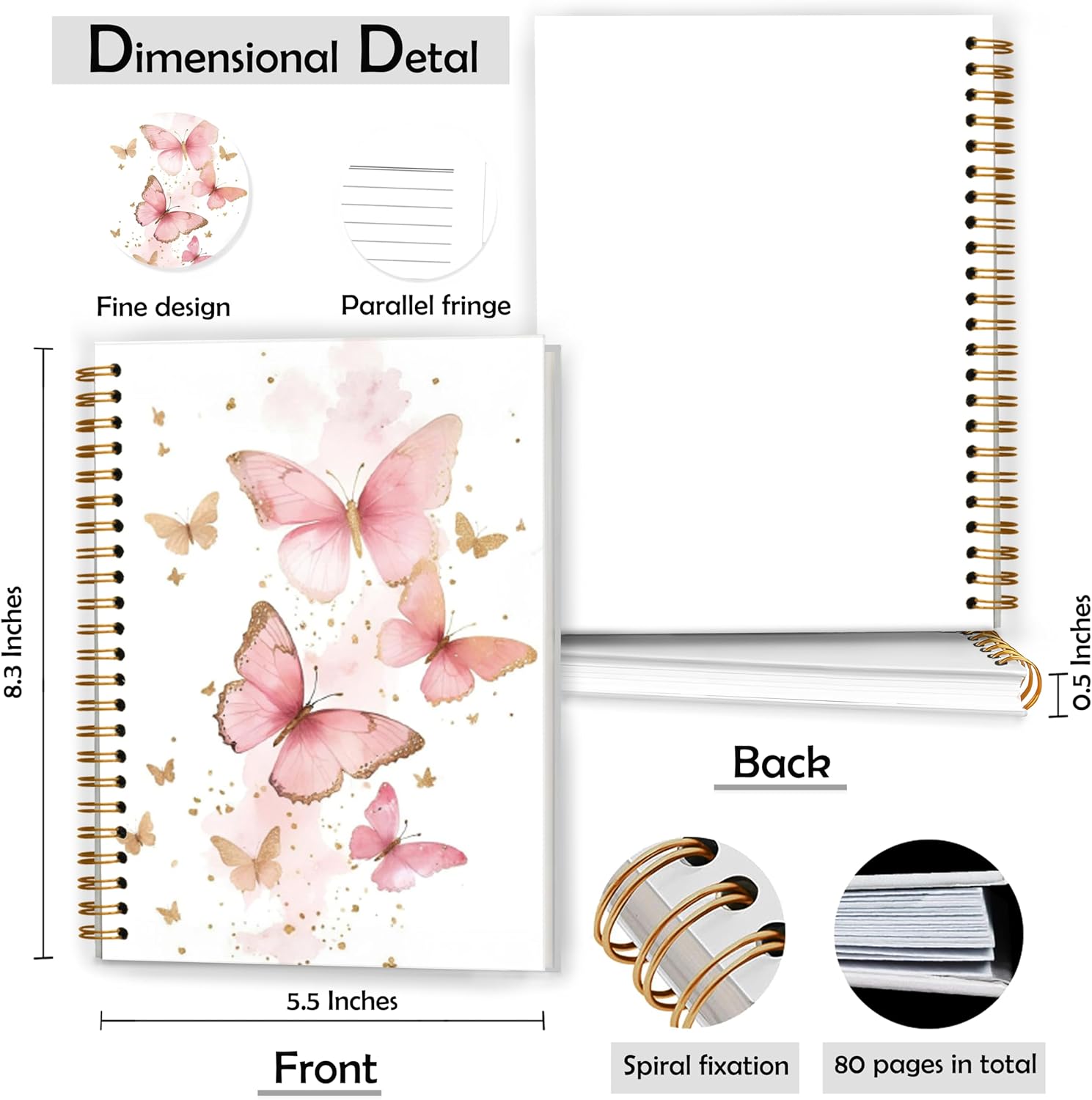Pink and Gold Butterfly Notebook, Preppy Butterfly Journal, Girly Cute Journals for Women, Aesthetic Office Supplies, Preppy Girly Aesthetic Hardcover Spiral Notebooks, 5.5x8.3 Inch - Image 2