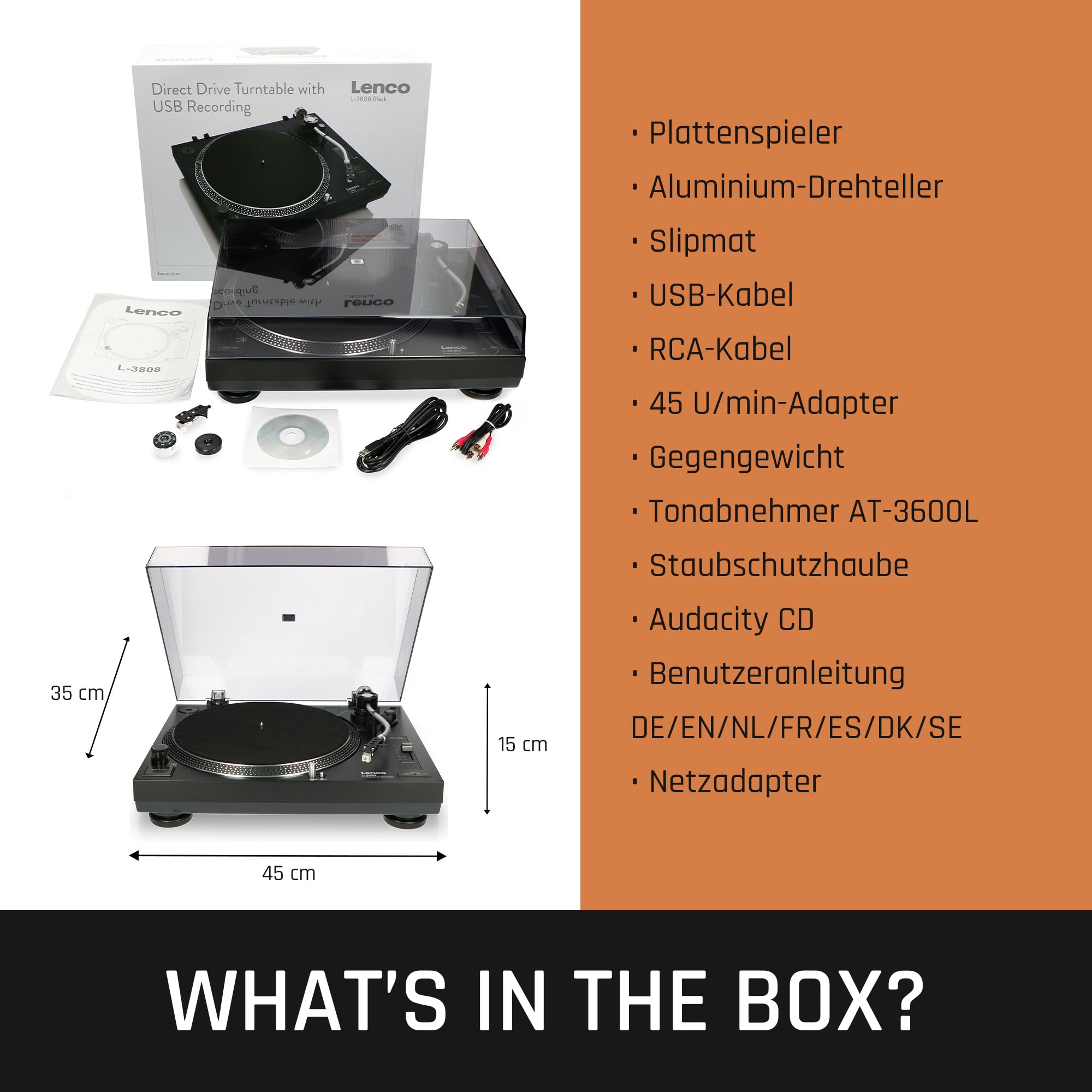 Lenco L-3808 USB DJ-Plattenspieler mit Direktantrieb - 33/45 U/min - Pitch-Control - Magnet-Tonabnehmer-System - Nadelbeleuchtung - Digitalisierung via PC - Staubschutzhaube - schwarz