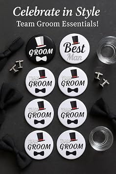 Brosash Team Groom Buttons - 1 Groom, 1 Best Man & 8 Team | Bachelor Party Favors Supplies Decorations Men Favor Kit Gifts Bridal Pin Wedding Set Bride Groomsmen Gift Ideas Engagement Accessories