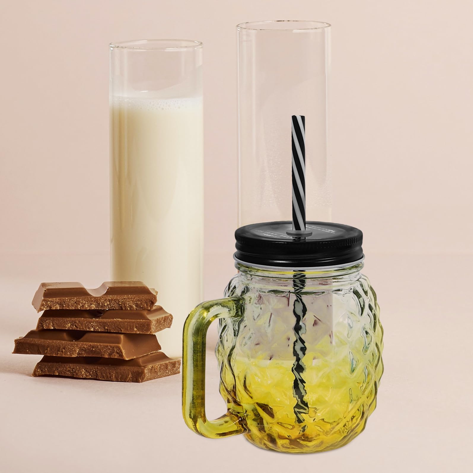 Set 4 Pezzi Bicchieri Vetro Graduati Coperchio Antigoccia e Cannuccia, Tazze da Tè Versatili per Lavoro e Scuola, Design Resistente e Funzionale