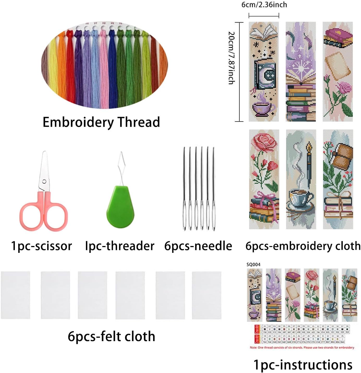 6PCS Cross Stitch Bookmark Kit for Adult Beginners flowers Cross Stitch Kits with Backing Felt Floss Instruction DIY Stamped Embroidery Bookmark Kit for Starter Adults Book Lovers (2.3x7.8 inch)