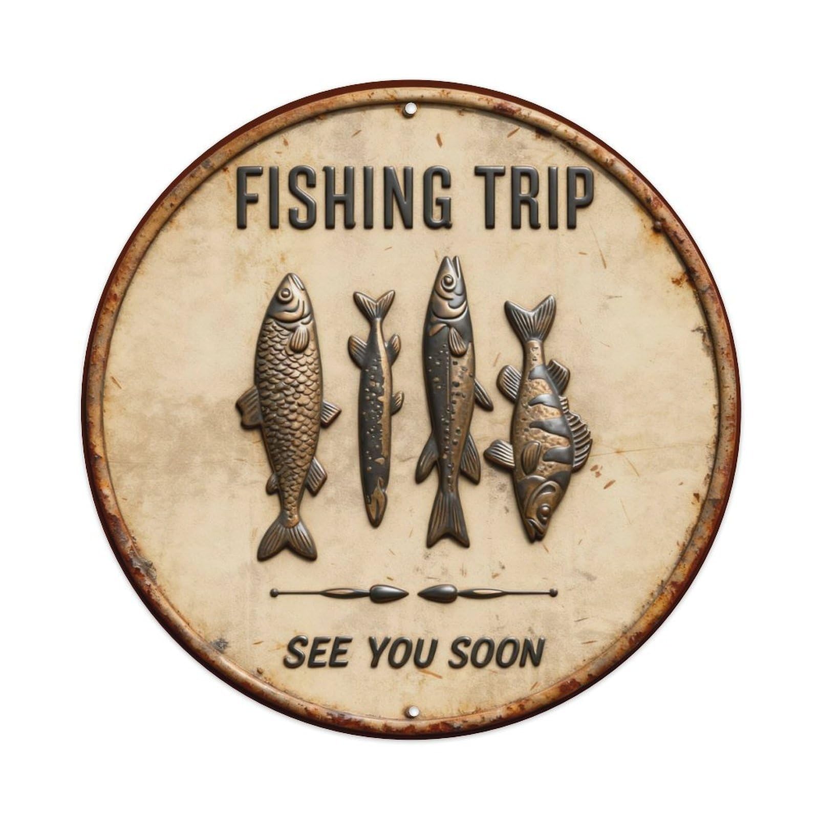 Fishing Fish Vintage Sign Art Round Metal Tin Sign Vintage Wall Decor, Bar Garage Cafe Kitchen Home Wall Art Poster 8x8inches