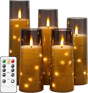 FLAMELESSCANDLES Grey Flickering Flameless LED Candles Set of 5 with Timer, Embedded Star Lights, Safe Acrylic Pillars for Romantic Home Decor & Weddings