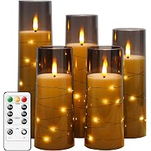 kakoya Flameless LED Candles with Timer 5 Pc Flickering Flameless Candles for Romantic Ambiance and Home Decoration Stable Acrylic Shell,with Embedded Star String，Battery Operated Candles（Grey）