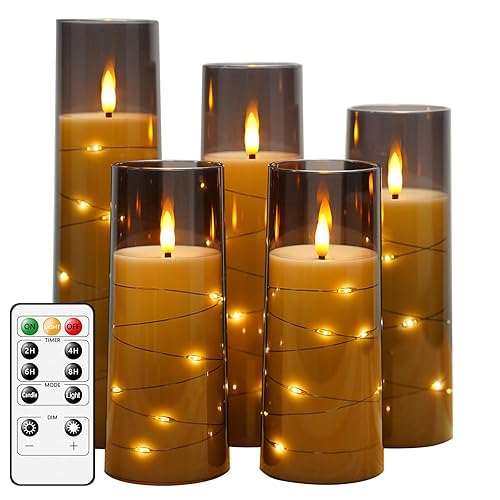 kakoya Flameless LED Candles with Timer 5 Pc Flickering Flameless Candles for Romantic Ambiance and Home Decoration Stable Acrylic Shell,with Embedded Star String,Battery Operated Candles(Grey) - Gray