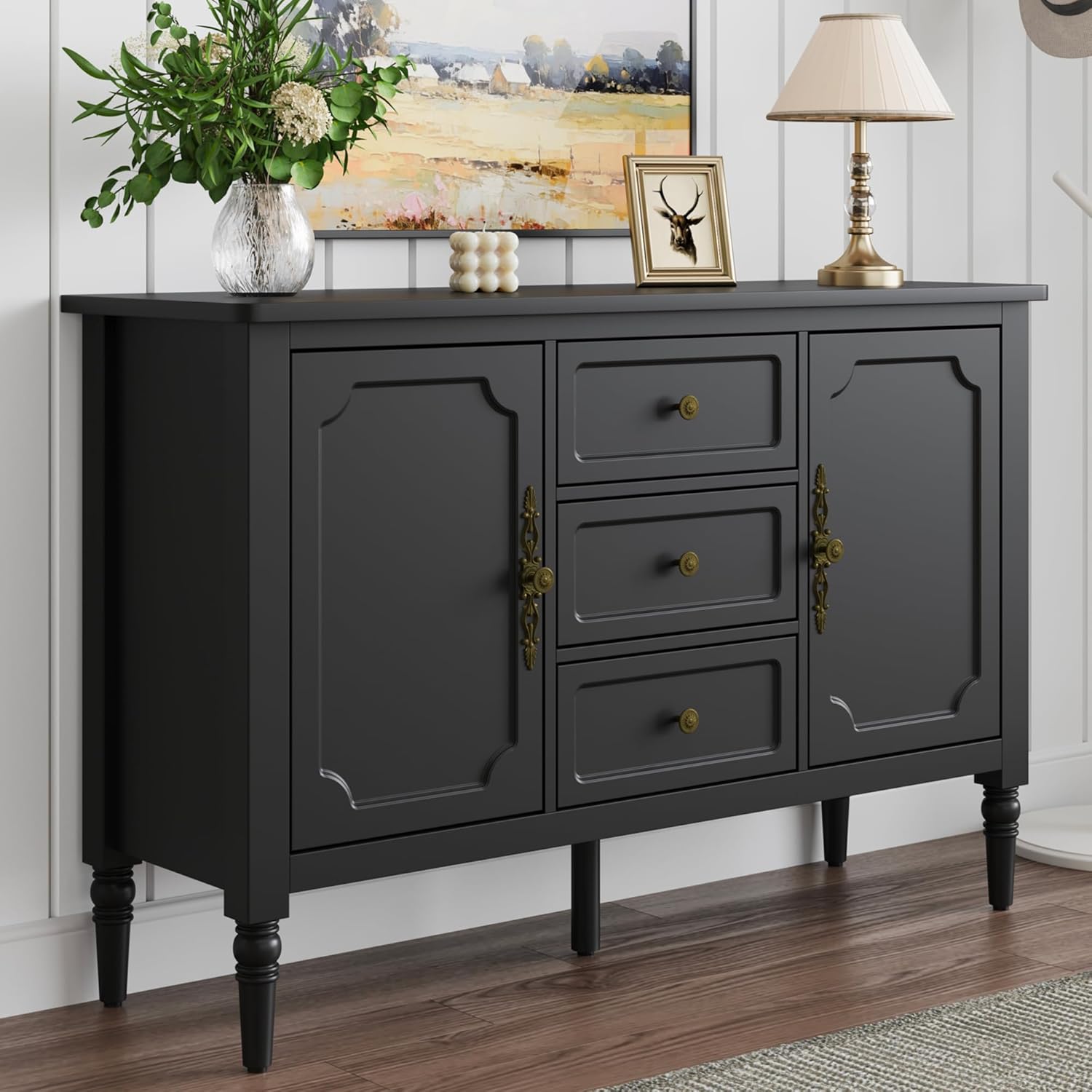 RoyalCraft Mid-Century Black Sideboard: 2 Doors, 3 Drawers, Adjustable Shelves, Turned Wood Legs for Entryway, Living & Dining Room Storage