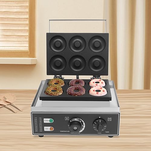 Miniatura 6 de LYNICESHOP Máquina eléctrica de donas, eléctrica antiadherente de 6 rejillas, donuts, pastelería, máquina de calefacción de doble cara para cocina