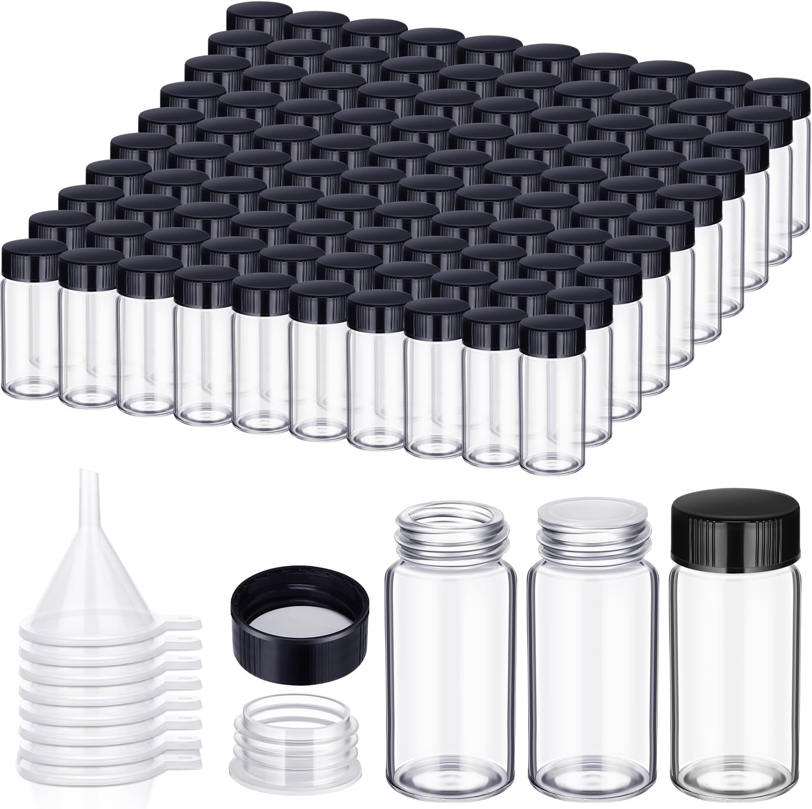 Ziliny 110 Pack 20 ml Glass Vials Clear Small Empty Glass Sample Bottles with Screw Cap Plastic Stoppers, Shims and Plastic Mini Funnels, Sample Leakproof Small Vials Storage Container (20ml)
