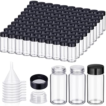 Ziliny 110 Pack 20 ml Glass Vials Clear Small Empty Glass Sample Bottles with Screw Cap Plastic Stoppers, Shims and Plastic Mini Funnels, Sample Leakproof Small Vials Storage Container 20ml