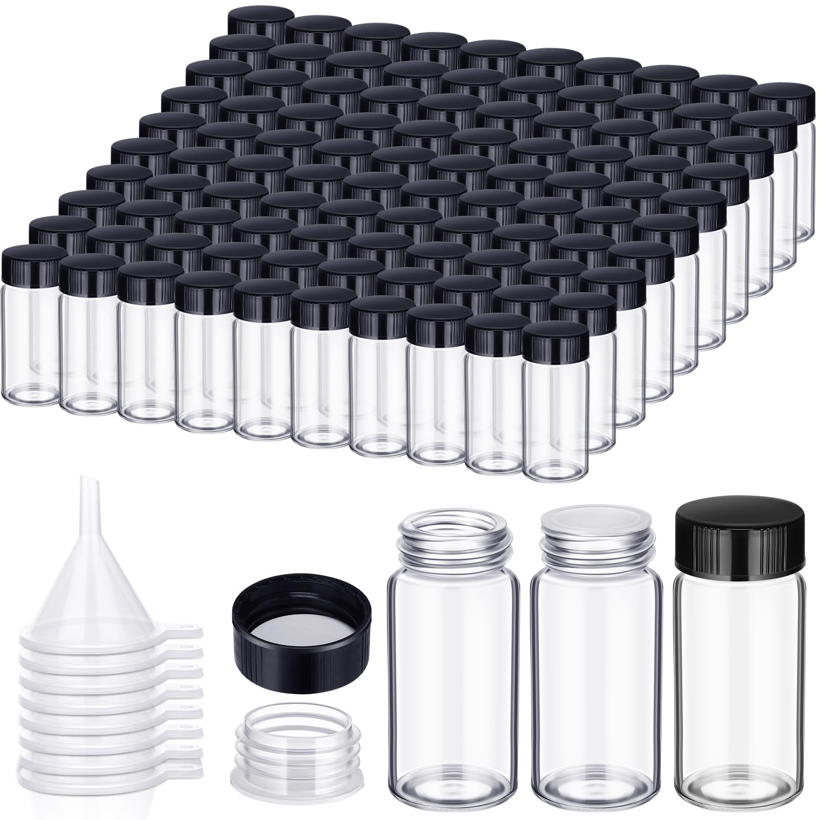 100 Pack 20 ml Glass Vials Clear Small Empty Glass Sample Bottles with Screw Cap Plastic Stoppers, Shims and 10 Plastic Mini Funnels, Sample Leakproof Small Vials Storage Container