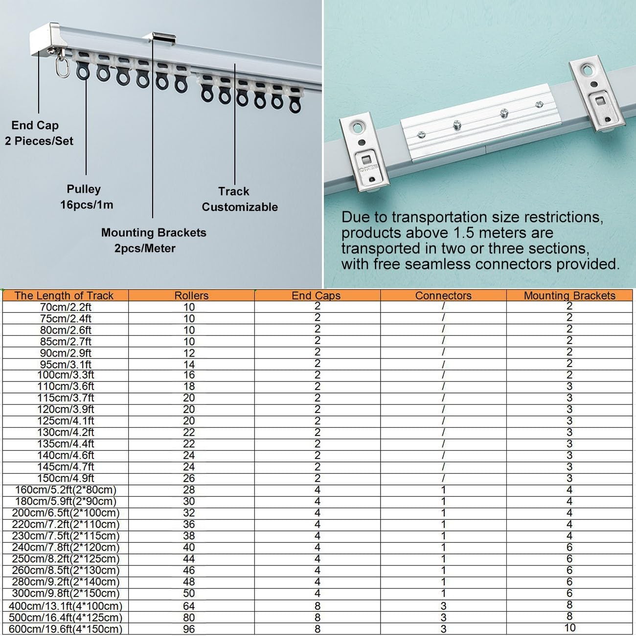 Tringle à Rideau, Rail à Rideau en Aluminium de 2,5 mm, système de Rail à Rideau Robuste à Montage au Plafond ou au Mur, Tringle à Rideau de séparation de pièce, Blanc 70-600 cm/2,2-19,6 Pie