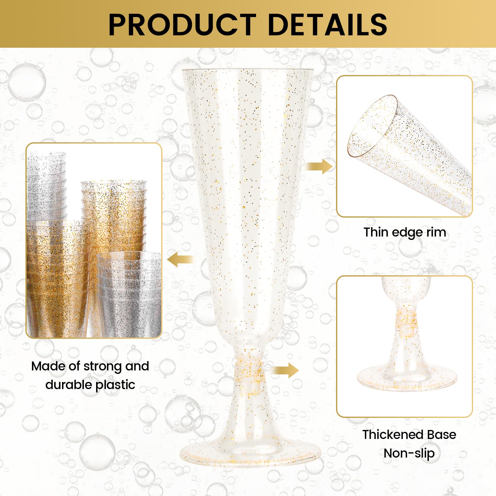 UCAMP 60 Flute da Champagne,Bicchieri Vino150ml,Trasparenti,Resistenti e Riutilizzabili,Bicchieri da Champagne con Glitter Dorati e argento,Eleganti Calici per Feste,Compleanni,Matrimoni