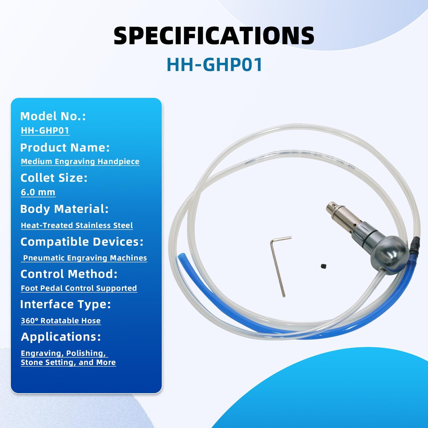 GEMKIT Medium Handpiece for Jewelry Engraving, Compatible GRS 2024, Precision Impact for Shading/Bulino/Polishing/Drilling, Heat-Treated Stainless Steel, 6.0/6.3mm QC Tips, HH-GHP01