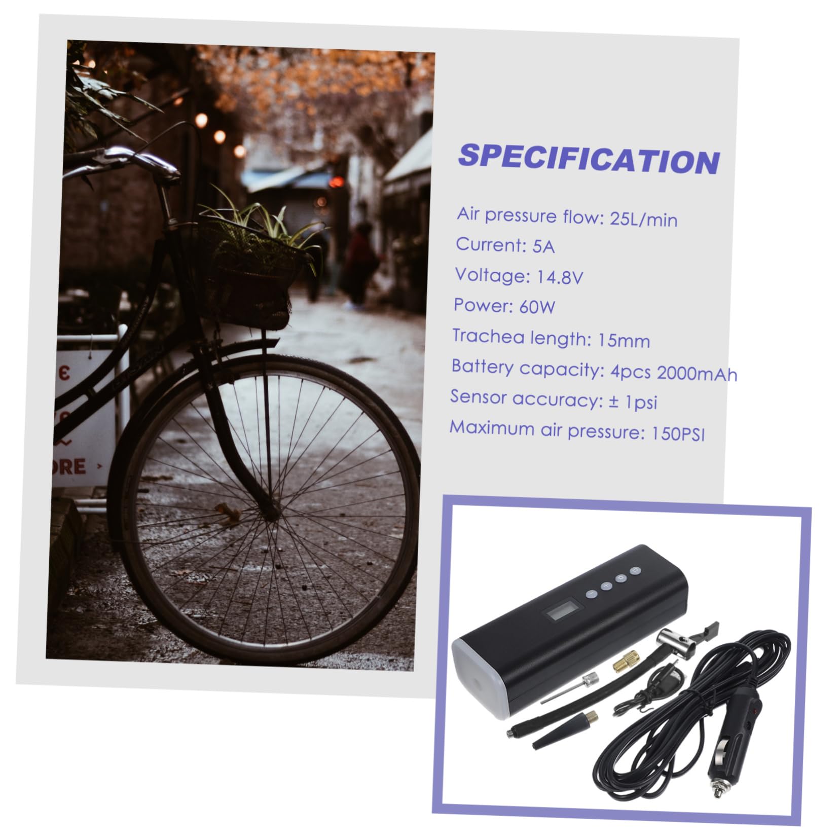 Gonfleur Portatif 14, 8 V 60 W 1 Set Compresseur D'air Électrique