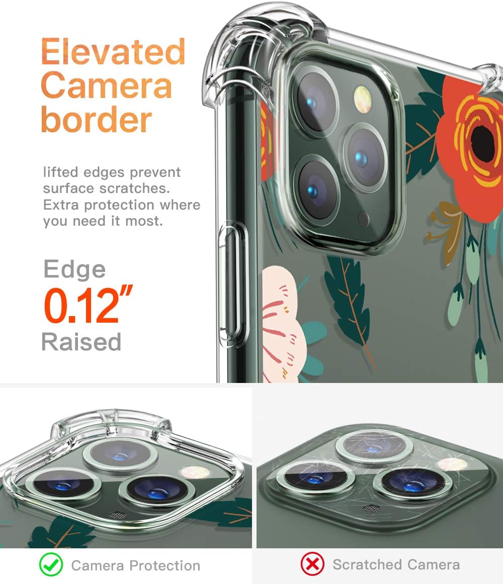GVIEWIN Compatible with iPhone 11 Pro Case, Clear Flower Design Soft & Flexible TPU Ultra-Thin Shockproof Bumper Protective Cover for iPhone 11 Pro 5.8 Inch 2019,Flowering/Reseda Green