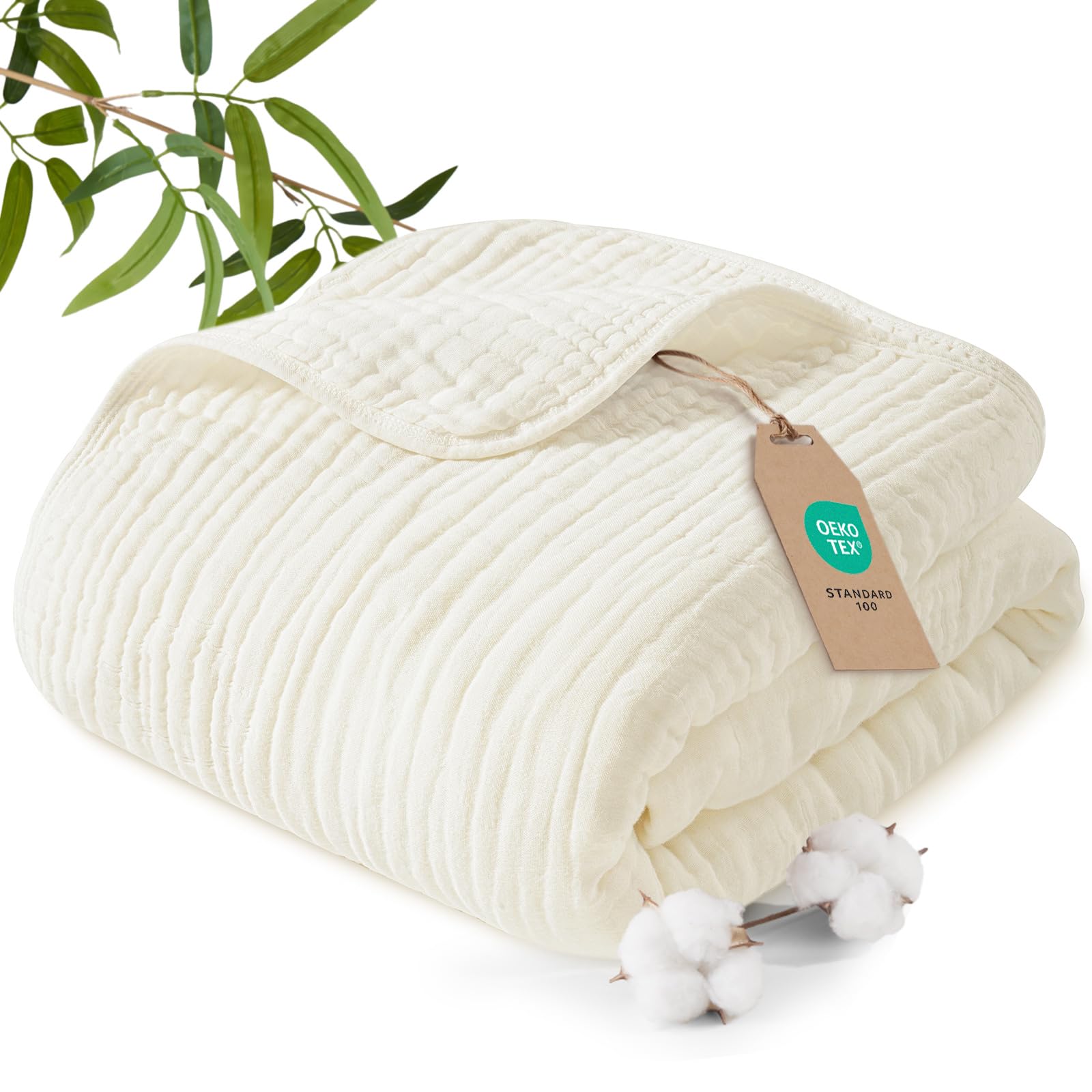 PHF Cooling Muslin Blanket King Size 104"x80", 6-Layer Lightweight Gauze Blanket Made from 35% Rayon Derived from Bamboo & 65% Cotton, Breathable & Ultra Soft Cozy for Hot Sleepers, Snow White