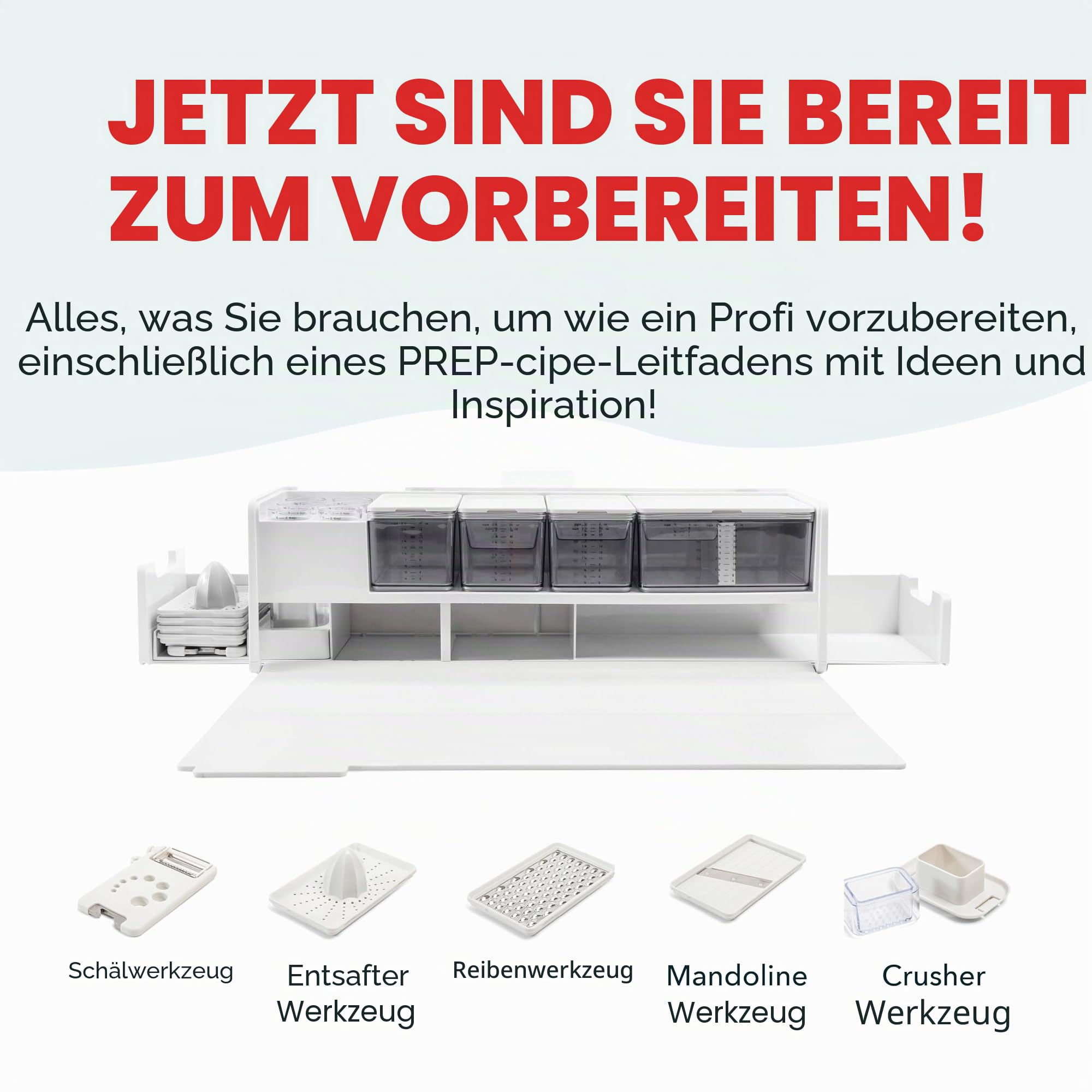 Prepdeck Gen 2 Rezeptvorbereitungs- und Aufbewahrungsstation – 8 wichtige Werkzeuge + Deluxe-Schneidebrett, 14 Kunststoffbehälter + superversiegelte Deckel, abnehmbare Müllfächer, Tablet-Ständer im