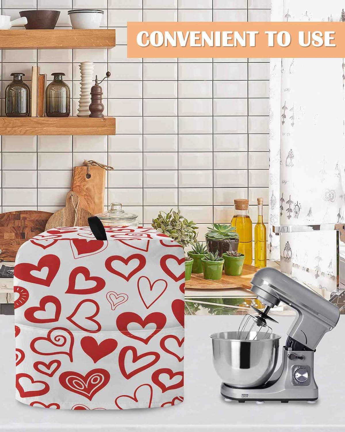 Red Loves Stand Mixer Cover with Storage Pocket, Waterproof Kitchen Mixer Covers, Valentine's Day Love Romantic White Kitchen Appliance Dust Cover Compatible with 5-8 Quart Mixers