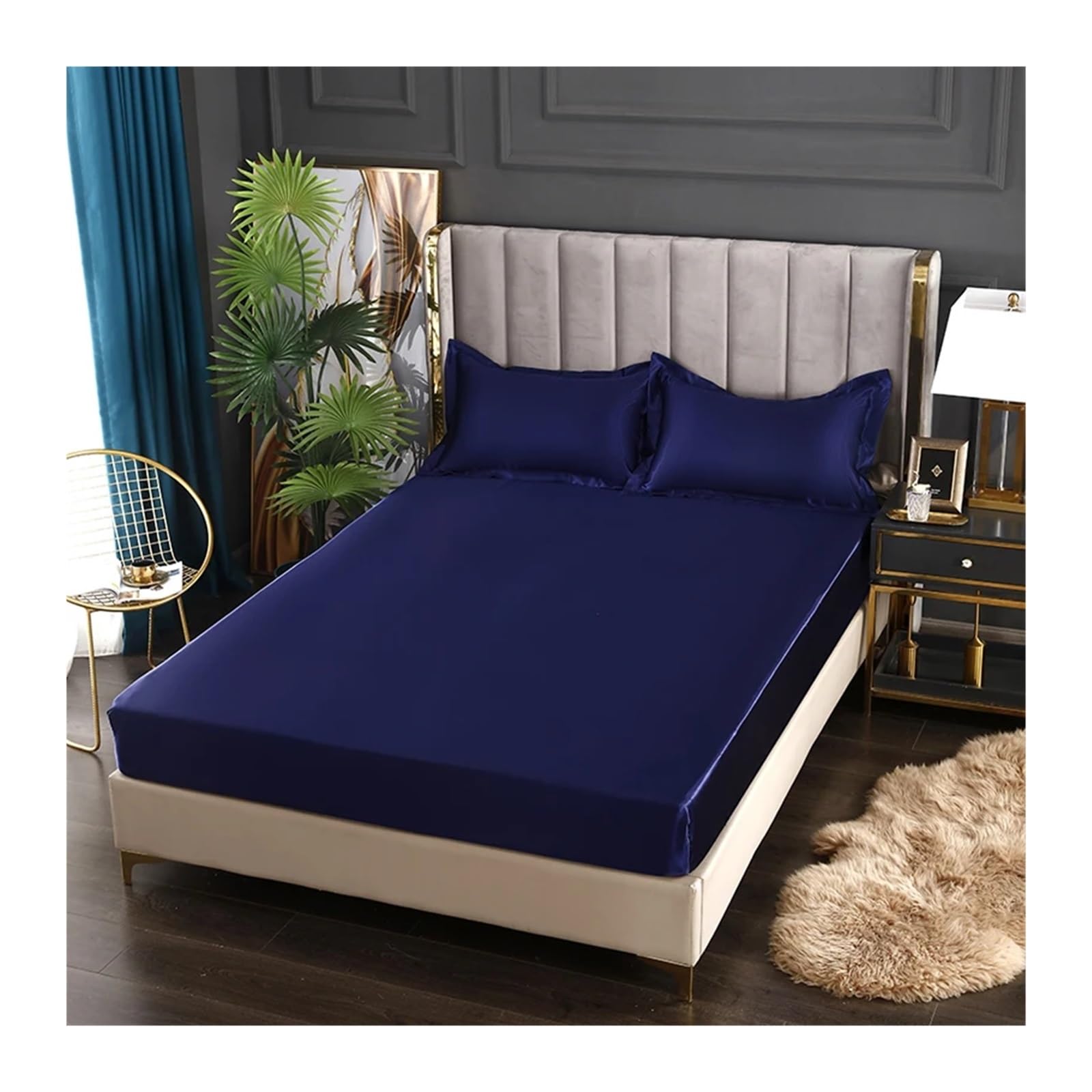 Drap-Housse en Satin Bleu 200x220x25cm - Housse de Matelas King avec Bande Élastique