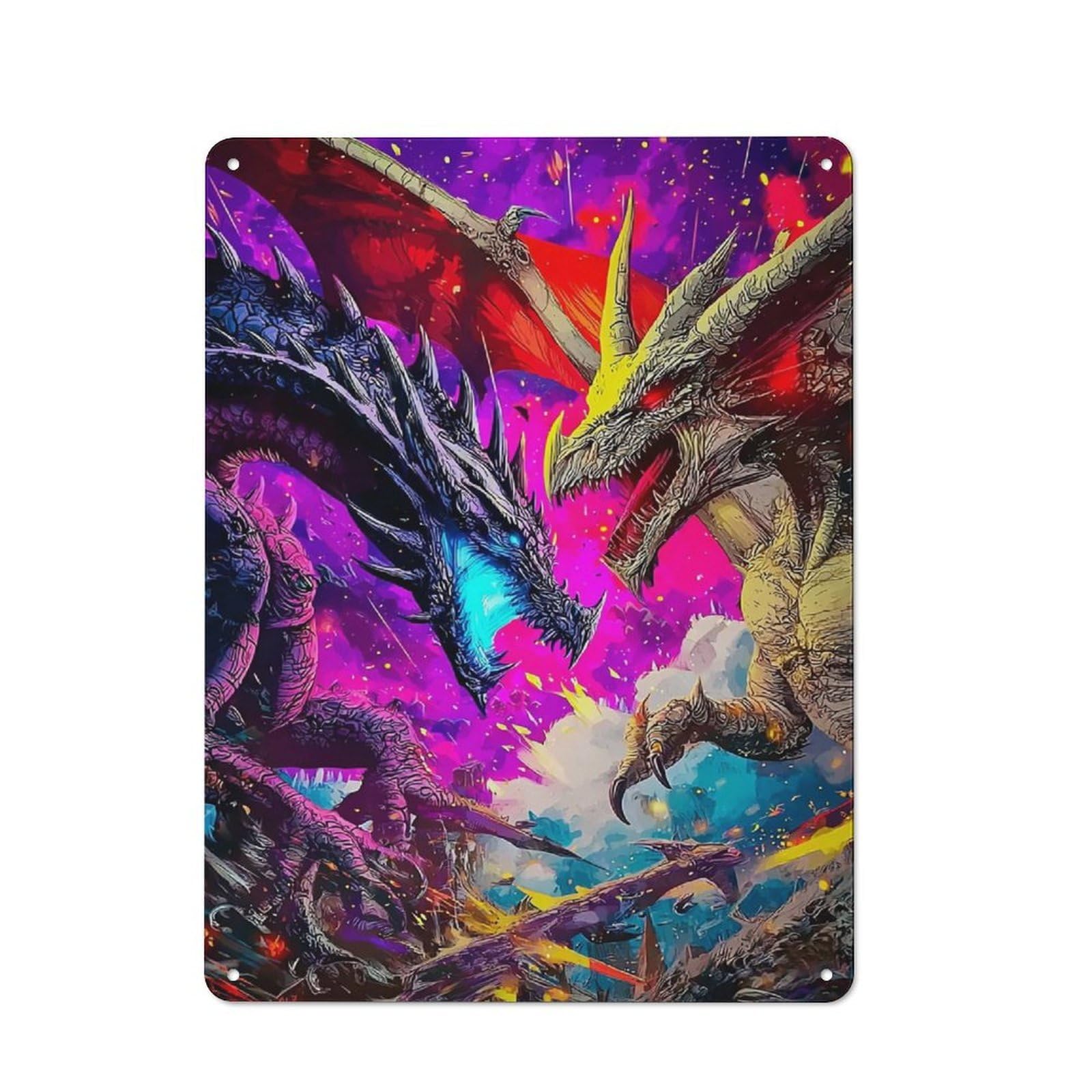 Understated Decorative Metal Sign 40x30cm Featuring Duel of Mythical Dragons in A Cosmic Storm, Study Room Decor for Workspace, Cafe, Shop Or Desk Area