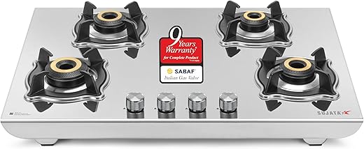 Sujata Robusto Gas Stove 4 Burners Steel Body | 9 Years Warranty, ISI Certified | 4 Burner Stove, Stainless Steel, Jumbo Brass Burner, SABAF, LPG…