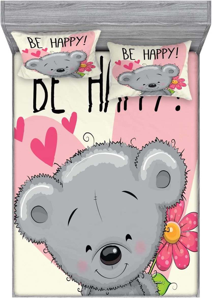 Ambesonne Be Happy 2 Pack Fitted Sheet & Pillow Sham Set, Cartoon Teddy Bear Flower, 4 Pcs Bedding Decor, Package Contains 2 Full Size Fitted Sheets & 4 Pillow Covers, Multicolor