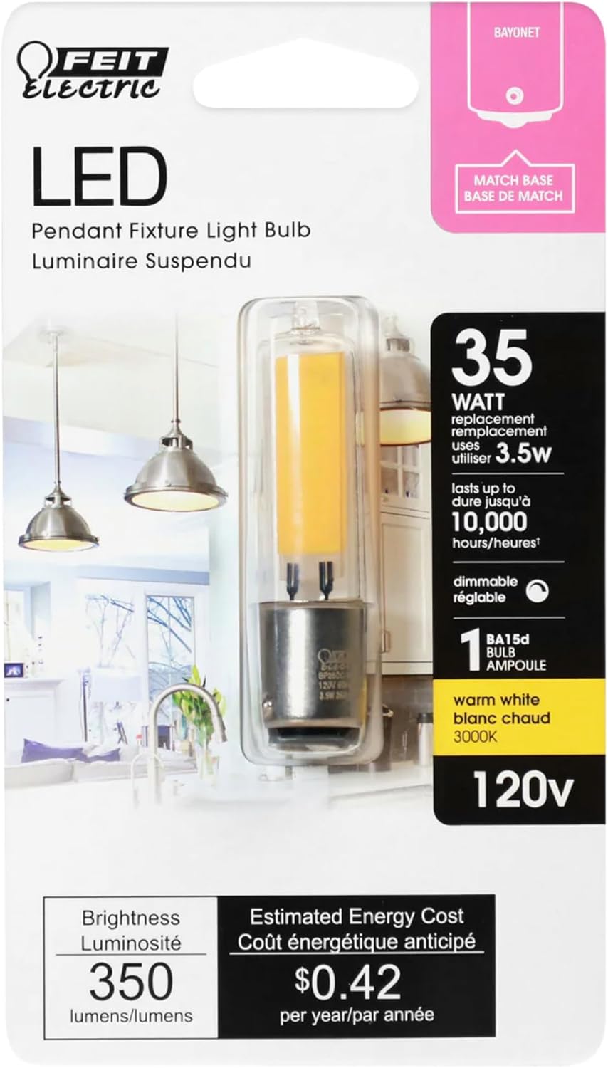 Feit Electric T4 LED Bulb, BA15D Base, 35W Equivalent, Non Dimmable, 3000K Warm White, 350 Lumens, 120V, 10,000 Hour Lifetime, Bayonet Base, BP35DC/830/LED/6, 6 Pack