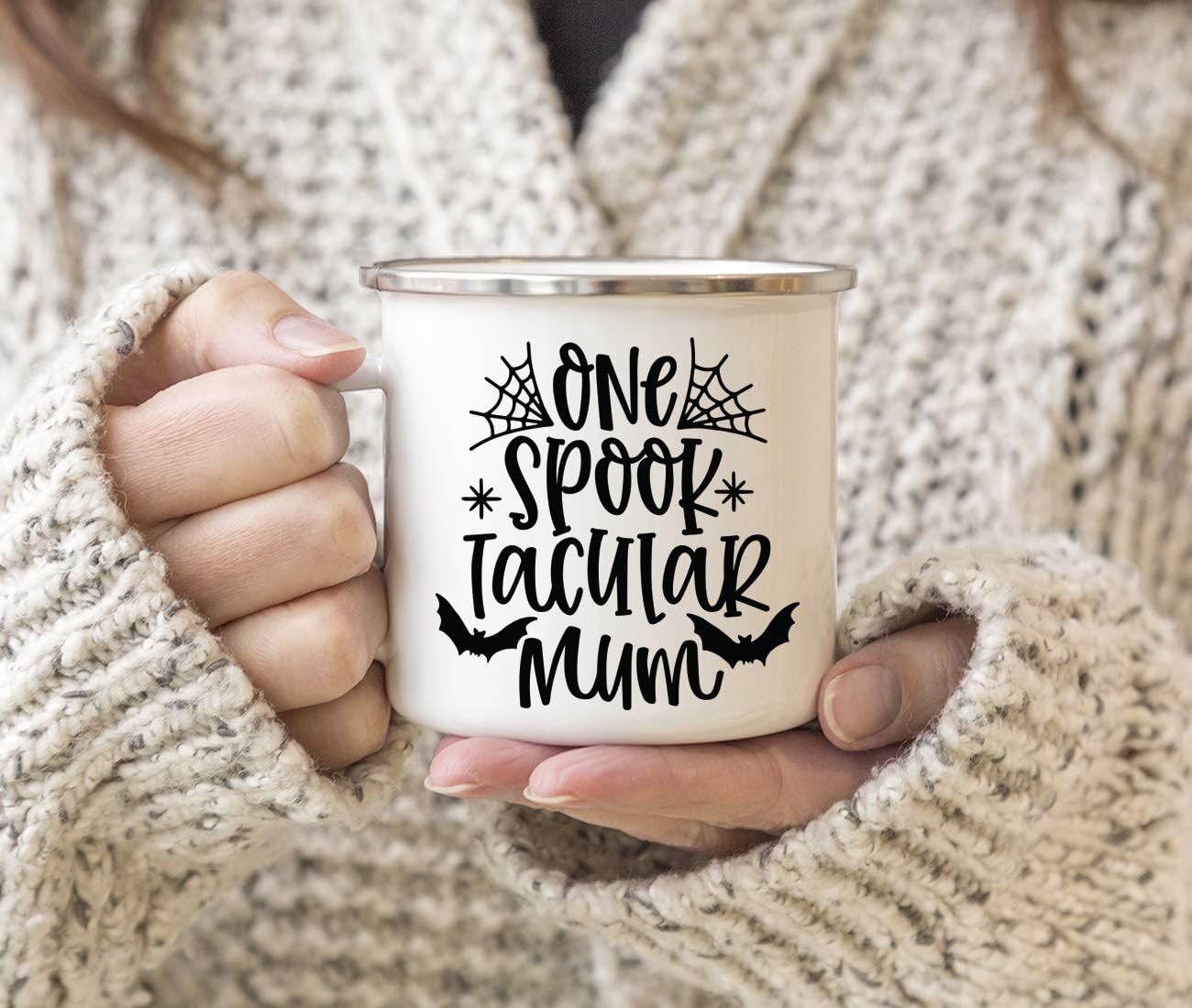 Andaz Press Funny Halloween 11oz. Stainless Steel Campfire Coffee Tea Mug, One Spook Tacular Mum, Bat Graphic, 1-Pack, Birthday Christmas Ideas