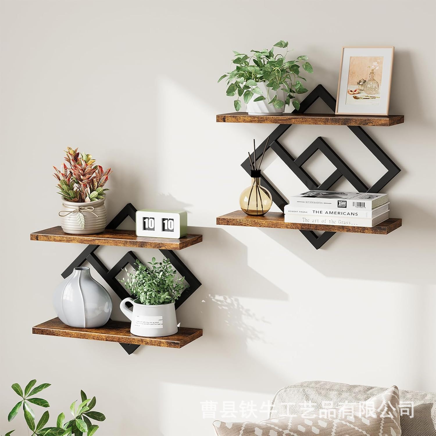 Lot de 2 étagères murales en bois et métal - Étagère flottante à 2 étages - Pour salon, chambre à coucher, cuisine, bureau - Noir (style B)
