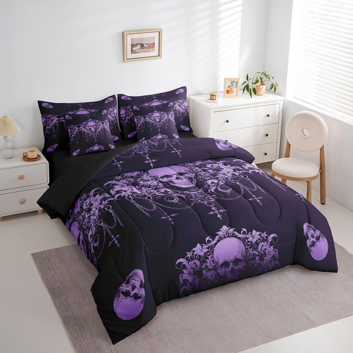 Erosebridal Gothic Bed in a Bag King Size Comforter Set 7 Pieces,Goth Sugar Skull Purple Damask Bedding Set,Bohemian Vintage Floral Comforter and Sheet Set,Exotic Antique Victorian Baroque Decor