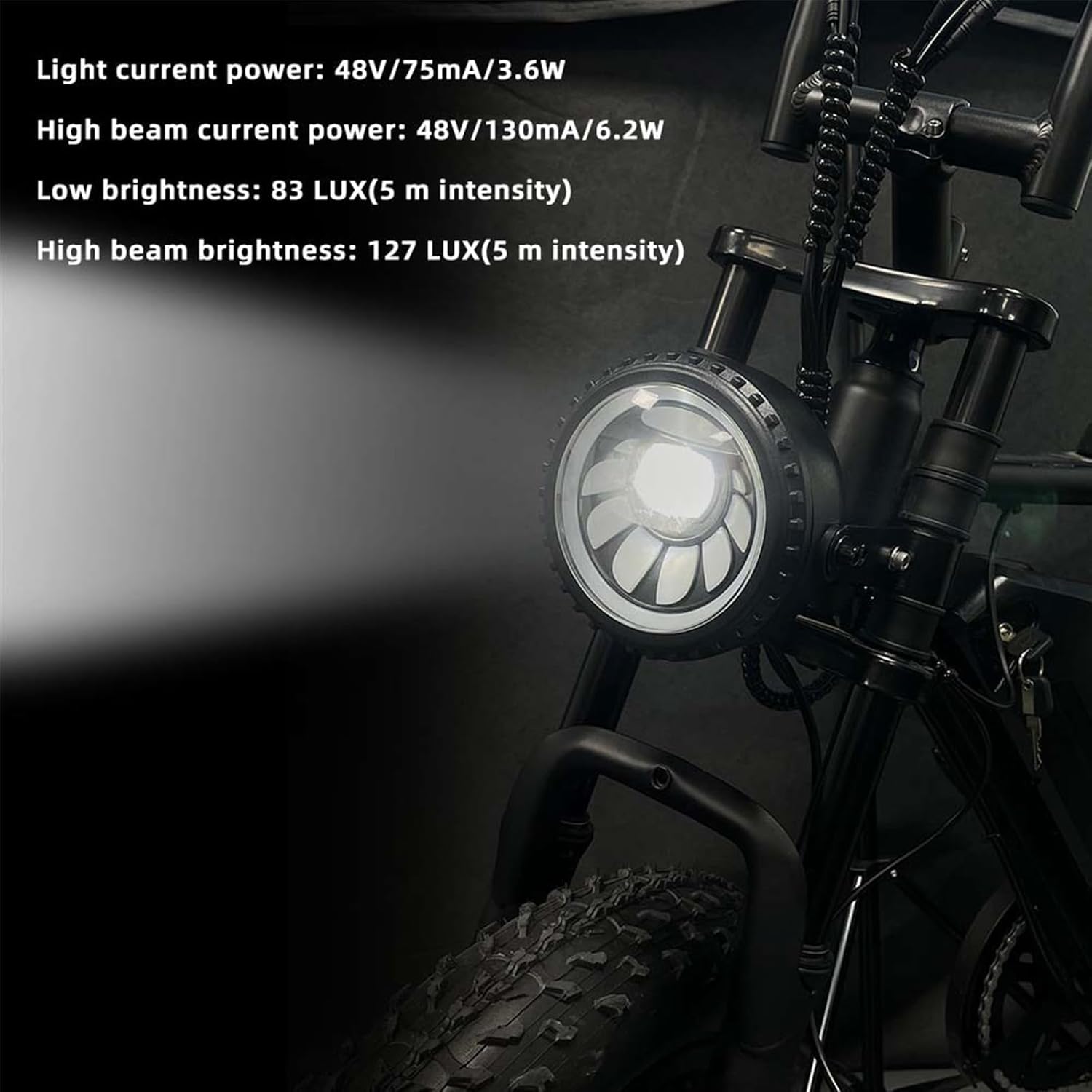 EBike LED Headlight with Horn 3 Pin Male Waterproof Connector Super Bright Front Horn Light for Night Riding 36V 48V Fat Tire Mountain Ebike Front Lamp