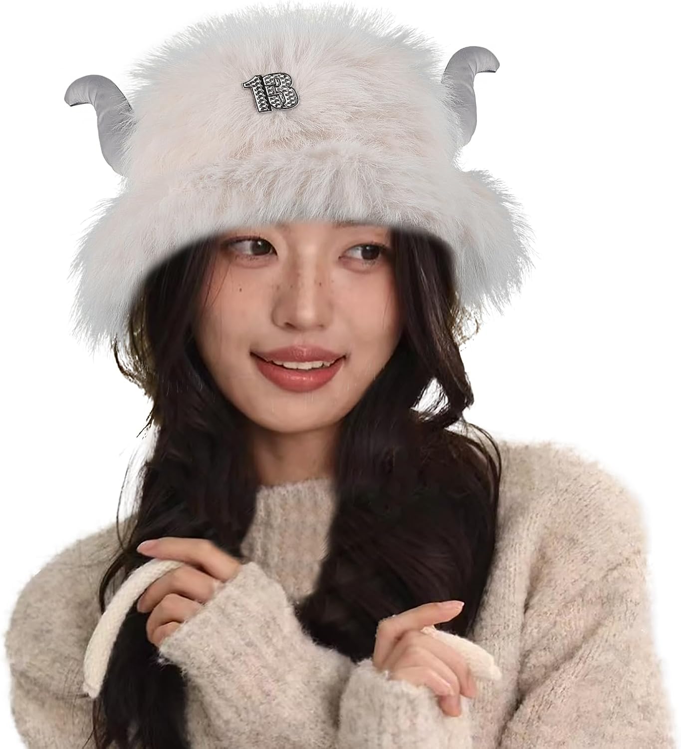 Women Girls Winter Plush Faux Fur Hat Cute Animal Horns Ears Cap Furry Soft Hooded Beanie Trapper Animal Costume Hat