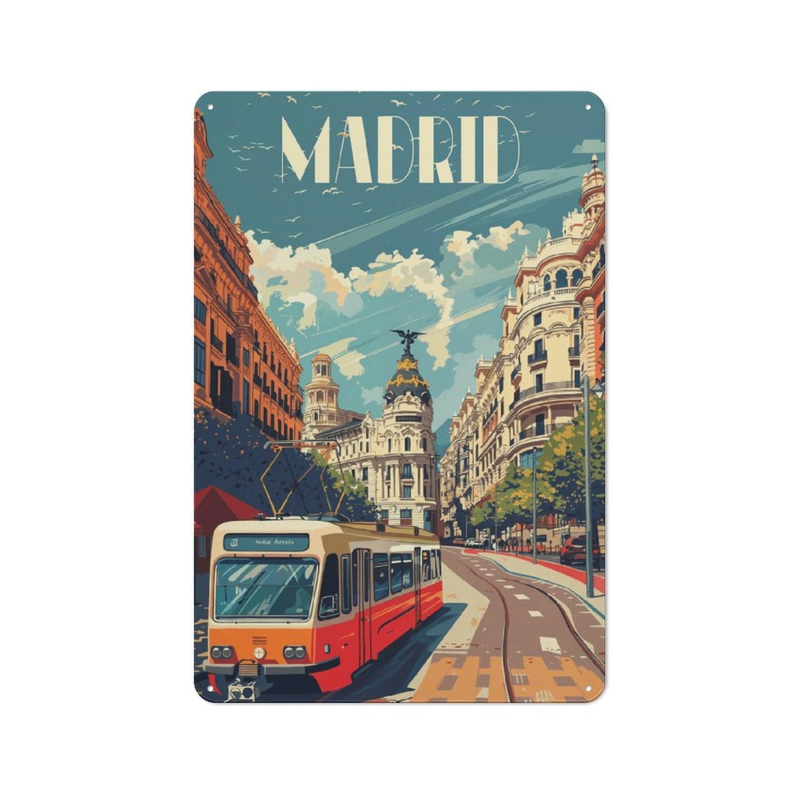 Junmoney Style-19 Madrid Cityscape With Tram Printed Metal Sign 30X20cm For Studio Or Craft Room, For Creative-Space Collectors