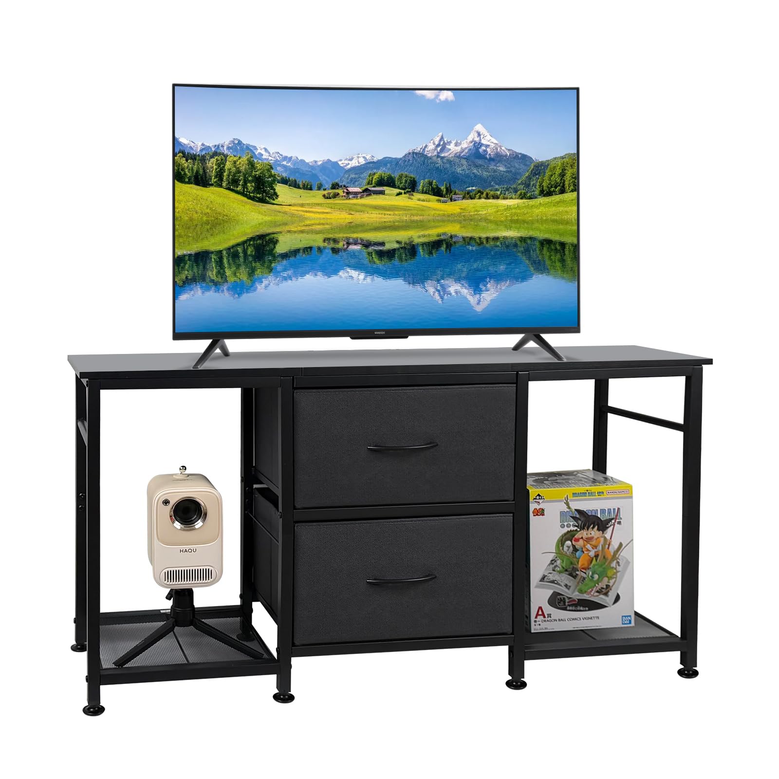Industrial TV Cabinet for 45 Inch TV, 2 Fabric Drawers & 2 Open Shelves