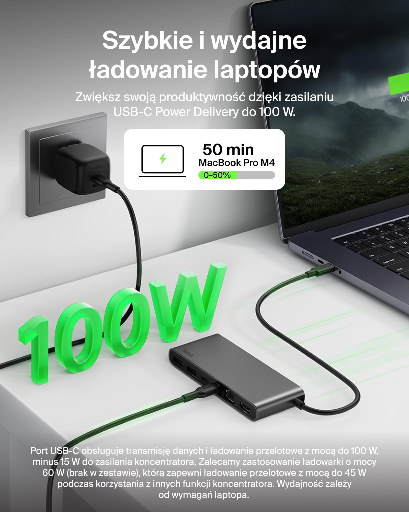 Belkin Connect 8-portowy USB C Hub, Obsługa Wyświetlaczy do 4K przy 60 Hz – Działa z Urządzeniami Mac, Windows i Chromebook – 100 W PD, Transmisja Danych 10 Gb/s, Ethernet 2,5 Gb/s – Szary