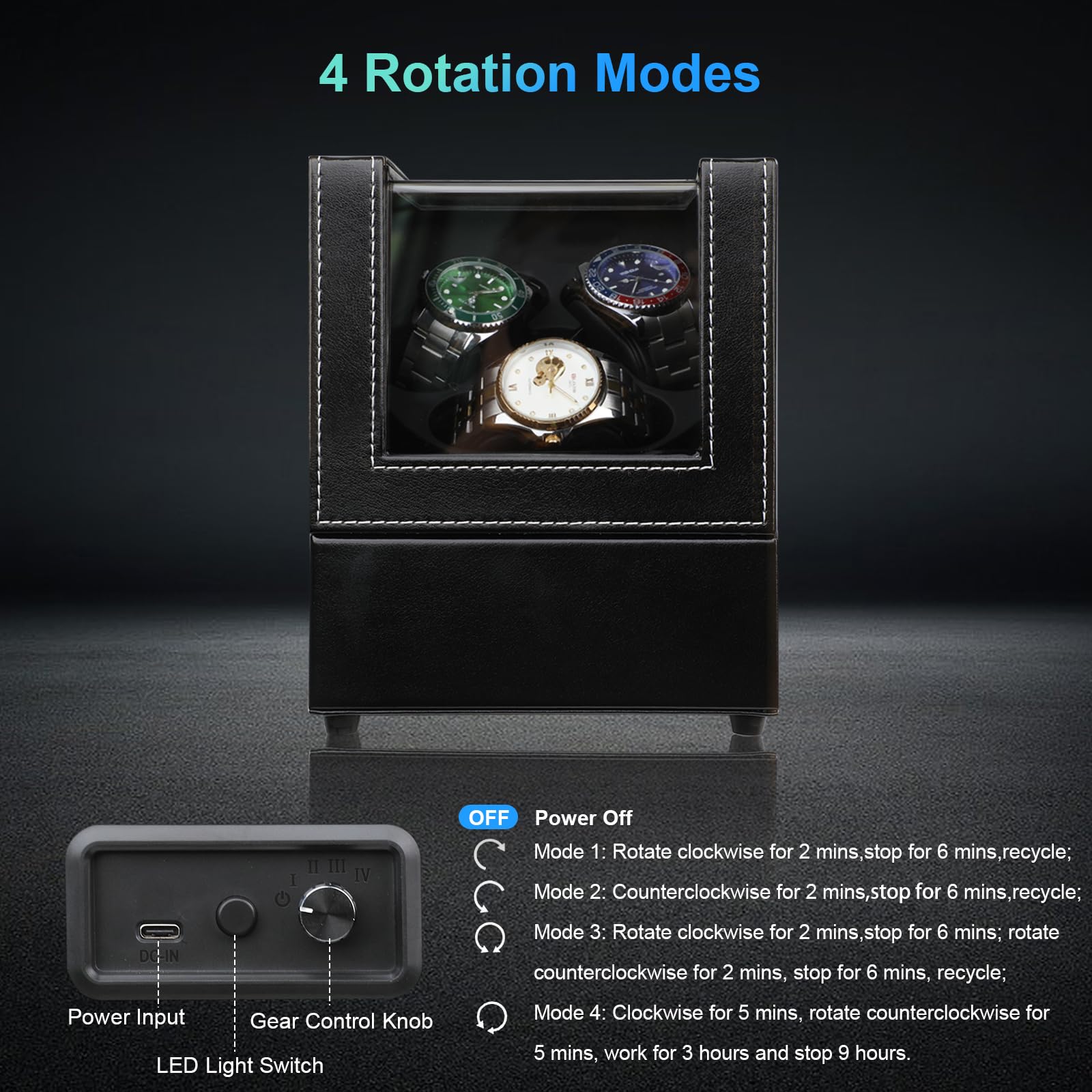 Anyasun Uhrenbeweger für Automatikuhren, 3 Uhrenbeweger Box mit LED-Display, ultra-leiser japanischer Motor, 4 Rotationsmodi, Uhrenhai für Männer und Frauen, USB-C-Stromversorgung