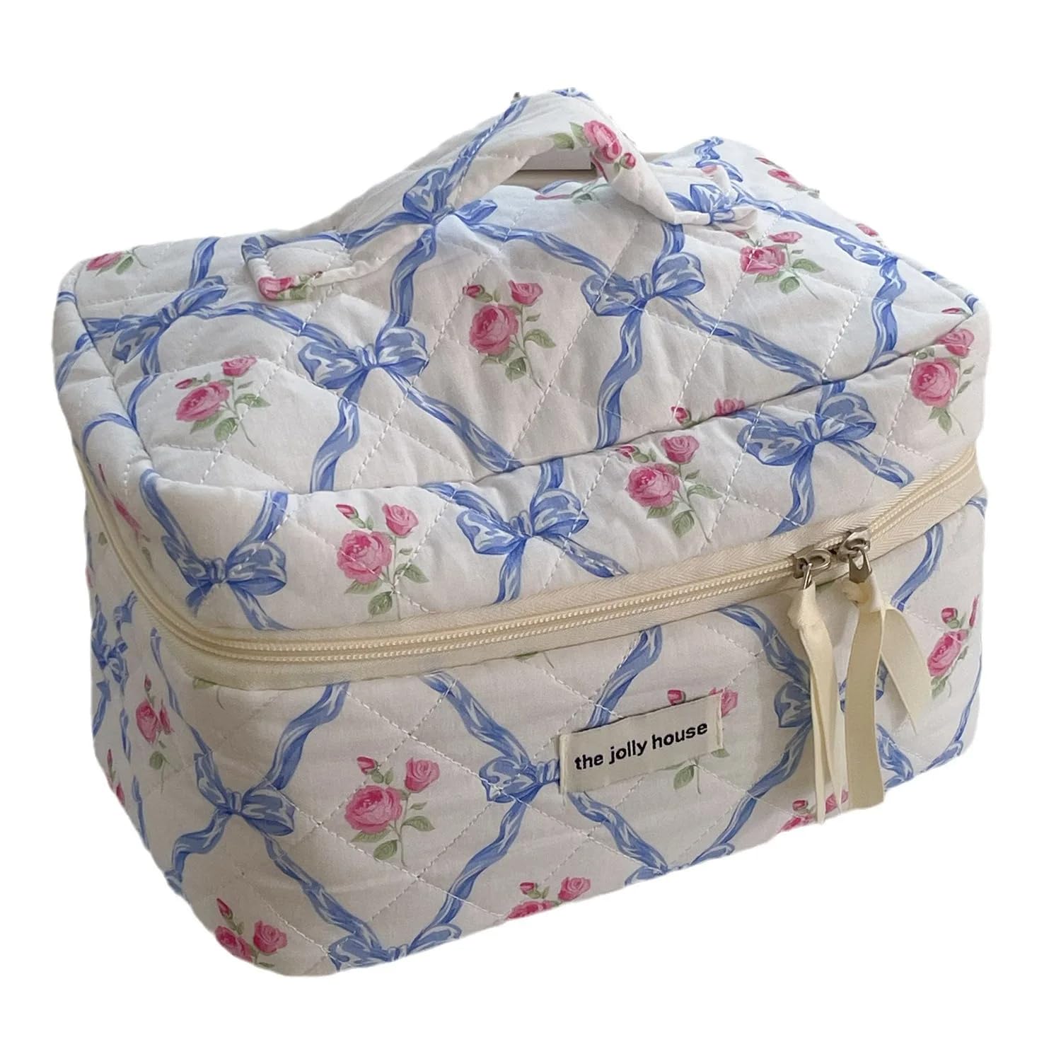 Borsa per Il Trucco con Grazioso Fiocco e trapuntatura Floreale, Borsa per Il Trucco da Donna in Cotone con Cerniera, Organizer cosmetico da Donna in Tessuto, Borsetta Portatile da