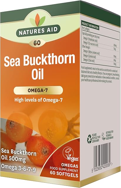 Natures aid 100% Pure Omega-7 Sea Buckthorn Oil 500mg, 60 Vegetarian Softgels